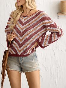 Florisole 咖啡棕色和橙色镂空撞色条纹时尚简约优雅休闲度假春夏喇叭袖女式短款长袖套头针织衫 - 咖啡棕 - 查看 4