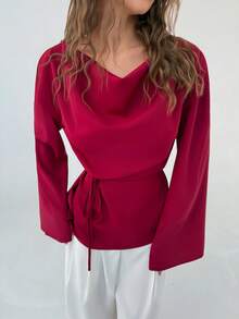 SHEIN Franclia Women's Elegant Sexy Backless Draped Neck Blouse, Vintage Aesthetic Fashion, Versatile For Work, Dates, Events, Comfortable Fabric, Flattering - Red - View 9