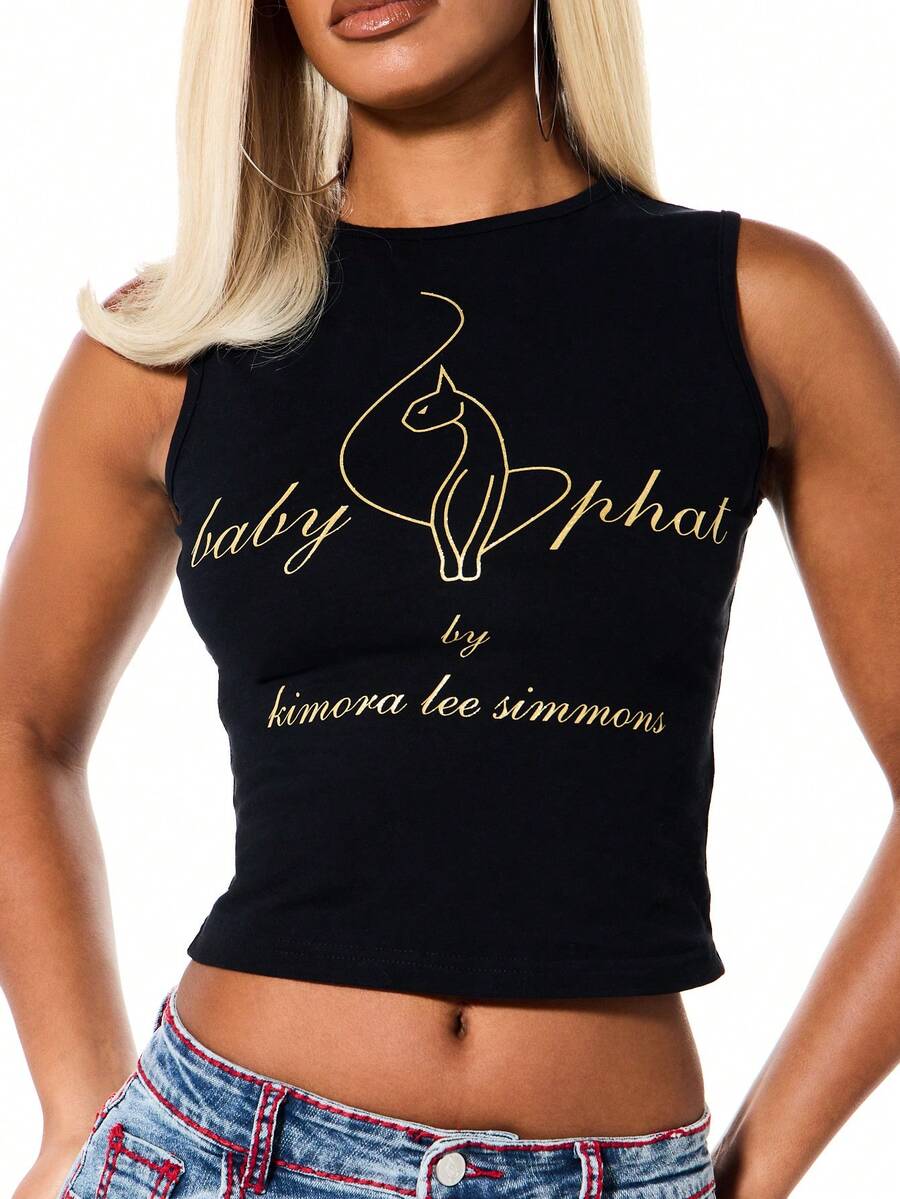BABYPHAT Sleeveless Tank Top With Gold Glitter Cat Logo Print And Script Text Design - Black - View 1