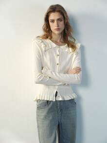 Maija Apricot Ruffled Hem Women Knit Cardigan - Apricot - View 3