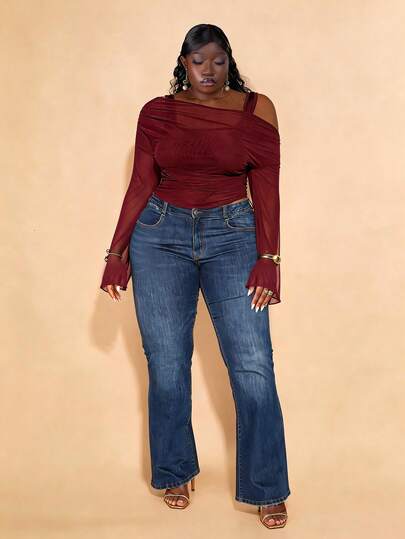 CurvyTilda 大码不对称领口喇叭长袖吊带背心假两件优雅甜美上衣，适合日常出游约会