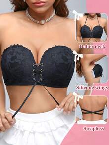 1件装女士无钢圈蕾丝加厚聚拢文胸，百搭款式，黑色