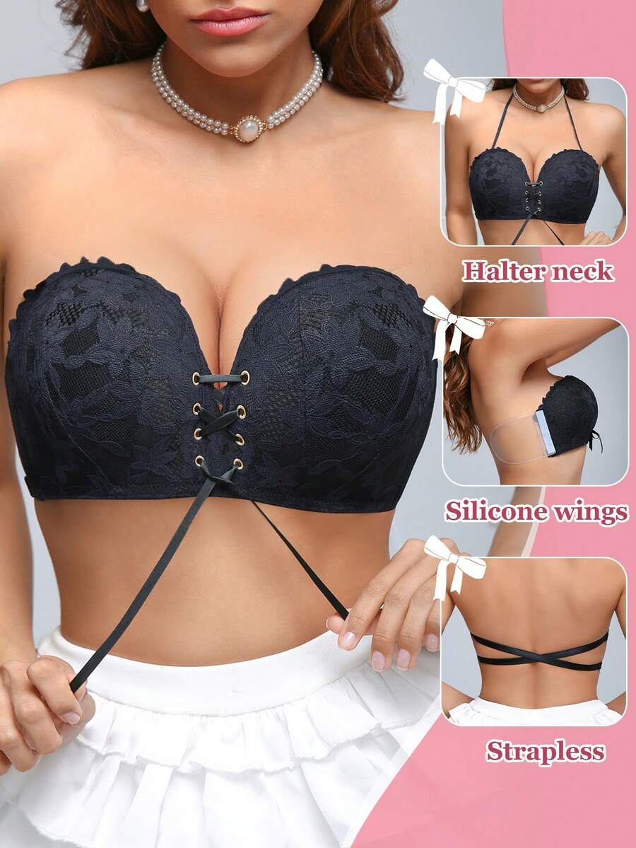 1件装女士无钢圈蕾丝加厚聚拢文胸，百搭款式，黑色