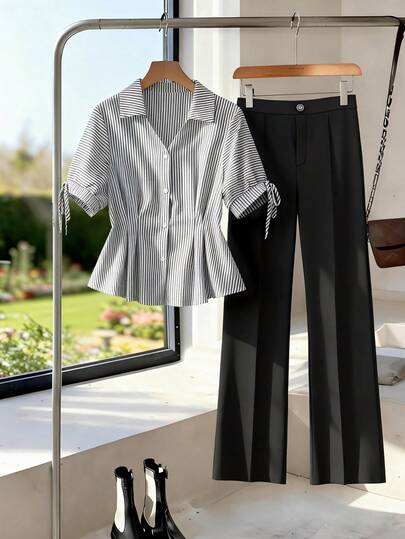 GlowEve CURVE 2件套加大码女式都市风翻领短袖条纹休闲套装，春秋季