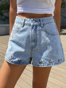 SHEIN EZwear 女士休闲花卉刺绣水洗浅蓝色牛仔短裤，适合夏季度假、日常通勤，百搭 - 淺色水洗藍 - 查看 6