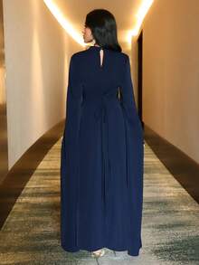 Modelyn Women's Elegant Solid Color Asymmetric Neckline Long Sleeve Dress - Navy Blue - View 7