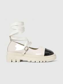 ROMWE Women's Fashionable Sweet Bow Decor Lace-Up Flats Valentine's Day - Black + white splicing - View 5