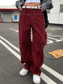 Women's Burgundy Loose Fit Cargo Jeans Y2k - Burgundy - View 2
