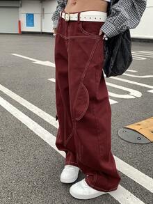 Women's Burgundy Loose Fit Cargo Jeans Y2k - Burgundy - View 6