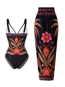 Swim Oasis 女士波西米亚风度假印花连体泳衣，金属装饰，高端品质，时尚休闲度假性感优雅 - 彩色 - 查看 2