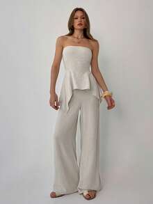 Aloruh Women's Apricot Strapless Ruffle Hem Crop Top And Skinny Pants, Spring/Summer Vacation - Khaki - View 7