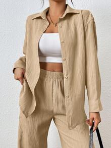 SHEIN PETITE Women's Solid Color Long Sleeve Single-Breasted Shirt And Pants Casual 2 Pieces Set - Mustard Yellow - View 6
