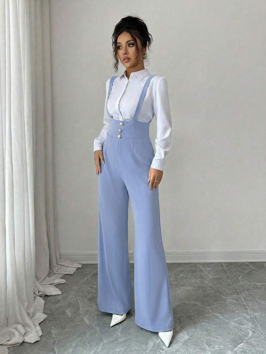 Elenzga Quần ống đứng thanh lịch, lãng mạn dành cho nữ, có dây đeo và trang trí cúc. - Màu xanh lam - Xem 1