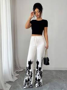 Rafferiza Women's Floral Print Drawstring Waist Casual Versatile Wide Leg Pants, Suitable For Daily Wear - Black - View 2