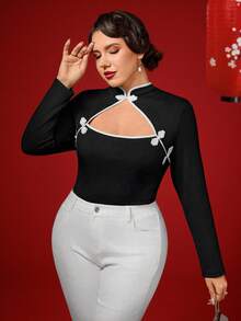 Elenzga 大码女式立领镂空撞色中式纽扣长袖T恤 - 黑與白 - 查看 4