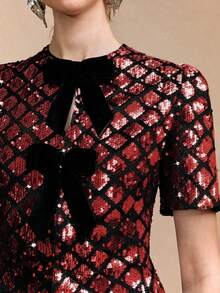 Arave Women's Velvet Sequined Top,Straight Shoulders,Fitted Waist,Puff Sleeves,Bow Design,Elegant Party,Summer,New Year,Modern Red And Black Party Top - Red - View 2