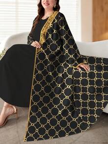 SHEIN Najma Áo khoác cardigan dài tay dáng rộng kiểu Abaya dành cho nữ cỡ lớn, họa tiết cỏ bốn lá và hoa văn cổ điển, thích hợp cho mùa xuân/thu. - Nhiều màu - Xem 4
