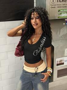 StreetHx Camiseta de mujer de manga corta con cuello en V y estampado en inglés, color negro - Negro - Ver 4
