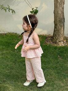 SHEIN LMoss Kids Baby Girl Summer Casual Vacation Daily Commute Solid Color Jacquard Babydoll Cami Top & Wide Leg Pants Set - Pink - View 5