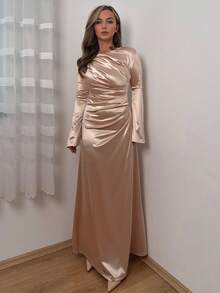 Jeta Ari Elegantes, figurbetontes Kleid mit Raffung vorne, gestricktem Satin und Glockenärmeln in Hellrosa – perfekt für Herbst, Winter, Partys oder den Alltag. Dieses lange, elegante Partykleid mit Glitzereffekt ist ein modisches Abendkleid und ein elegantes Partykleid. - Babypink - Übersicht 3