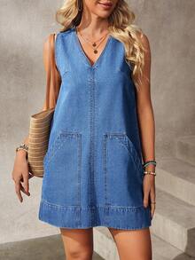 EMERY ROSE Women's Casual Sleeveless Denim Dress - Blue - View 1