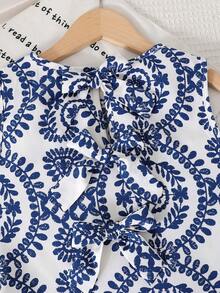 SHEIN 少女度假印花无袖套头衫和直筒短裤休闲套装 - 藍色 - 查看 5