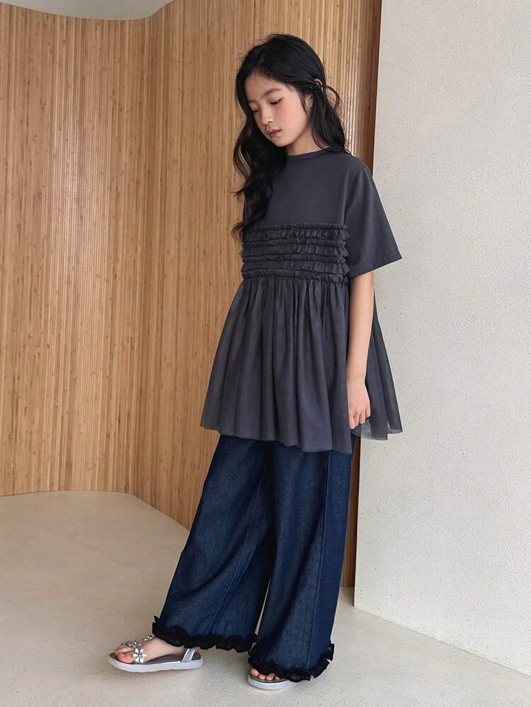 Tween Girl Solid Color Round Neck Short Sleeve Frill Trim Loose Cute T-Shirt Summer