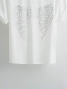Franclia French-Style Rhinestone White T-Shirt,Short-Sleeved Elegant Loose Fashion Top,White And Silver,Summer,Effortless Chic,Party,Cute Outdoor Versatile Tee - White - View 5