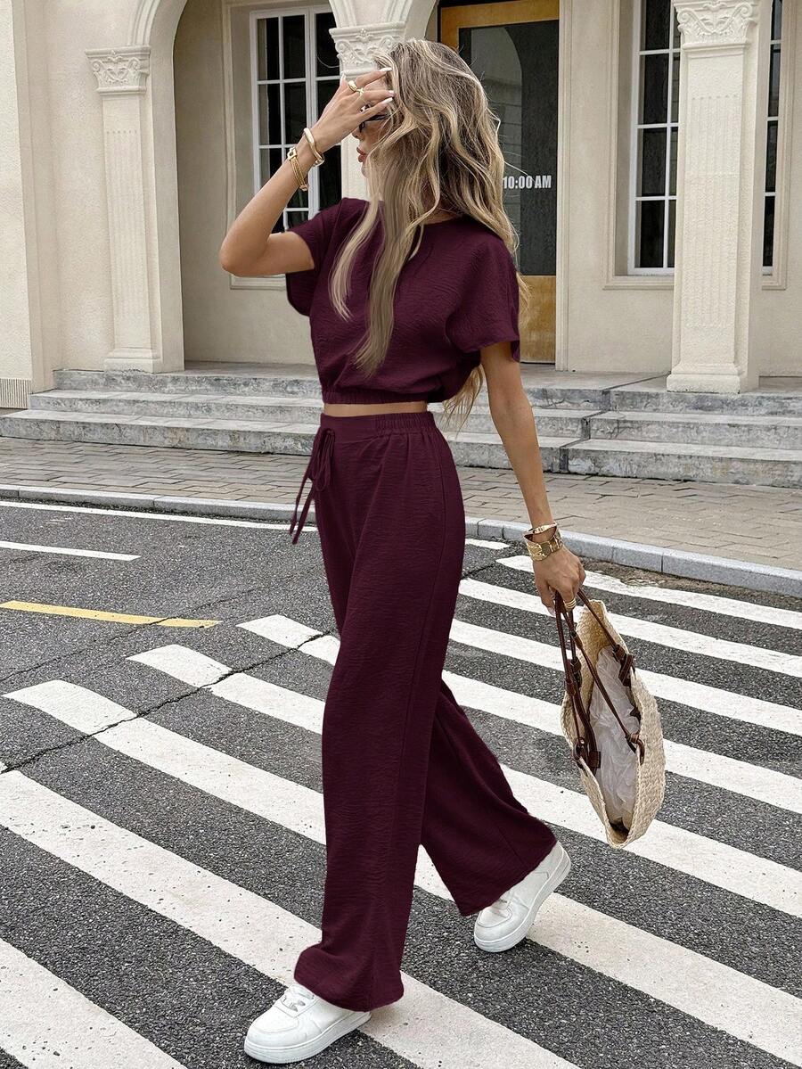 Serisse 蝙蝠袖露脐上衣和抽绳腰裤，纹理面料两件套 - 中紫紅色 - 查看 1