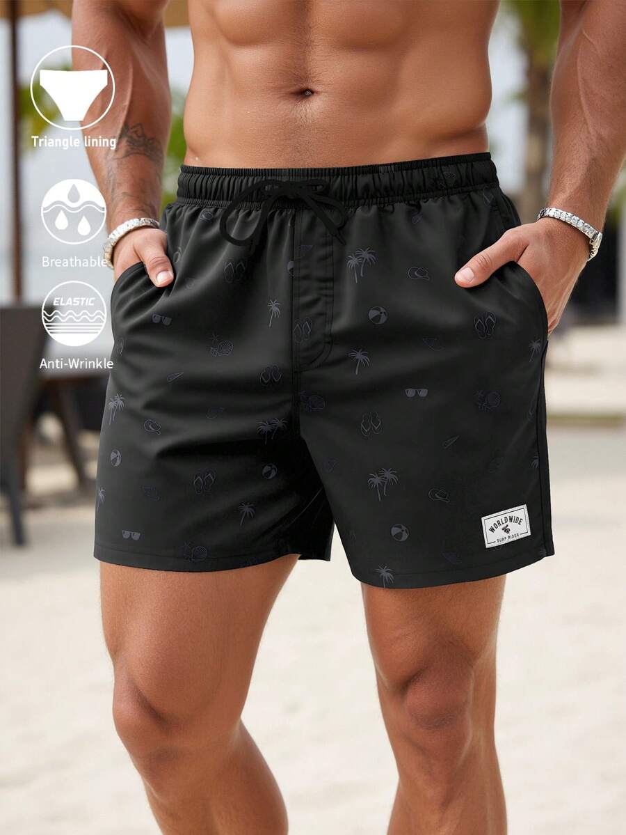 Zalmeno 男士简约印花休闲泳装 - 黑色 - 查看 1