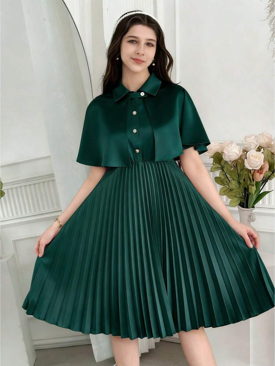 SHEIN 2pcs/Set Vintage Elegant Shawl Collar Pleated Hem Dress With Shirt For Teen Girls