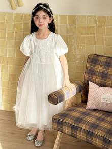 DAZY Tween Girl Floral Embroidery Pattern Mesh Patchwork Crew Neck Puff Sleeve Party Dress Summer - White - View 3