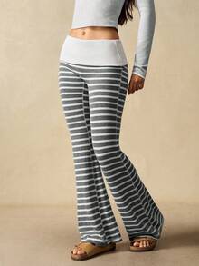 VARSIVA Women's Casual Striped Flared Pants With Waist Fold Over Leggings Boot Cut Yoga Pants Cotton Yoga Pants Wide Leg Yoga Pants - Grey - View 6