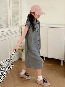 DAZY Girls' Denim Dress With Collar And Pockets, Fall Outfit - Grey - View 4