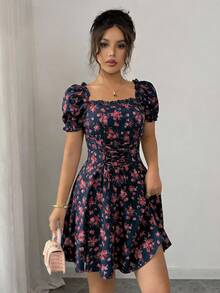 Rafferiza Vestido de mujer con cuello cuadrado, mangas abullonadas, cintura con volantes y cordón ajustable, estampado floral diminuto - Multicolor - Ver 4