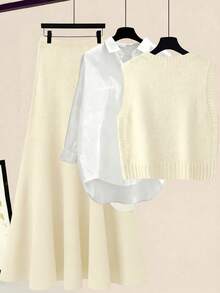 Franclia 秋冬新款宽松百搭3D立体花卉圆领无袖针织背心搭配A字针织中长裙女装两件套 - 米色 - 查看 3