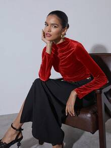 COSMINA Women's Solid Color Pleated Fitted Elegant Long Sleeve Blouse, Velvet Top,  Red Long Sleeve Top,  Dark Red Top,  Tops For Women Elegant - Red - View 5