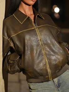Mima John Women Front Zipper Long Sleeve Minimalist Casual Vintage Distressed Washed PU Jacket In Fall/Winter - Brown - View 6
