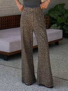 Livesso 女士休闲豹纹阔腿牛仔裤 - 藍色 - 查看 6