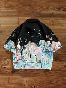 Manfinity Joysei Men's Floral & Cartoon Print Casual Short Sleeve Collared Button-Down Shirt - Black - View 2