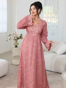 Al Najma Đầm hoa dài tay cổ chữ V thêu họa tiết hoa thanh lịch, dáng xòe dành cho nữ. - Bụi hồng - Xem 1