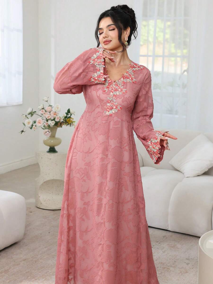 Al Najma Đầm hoa dài tay cổ chữ V thêu họa tiết hoa thanh lịch, dáng xòe dành cho nữ. - Bụi hồng - Xem 1