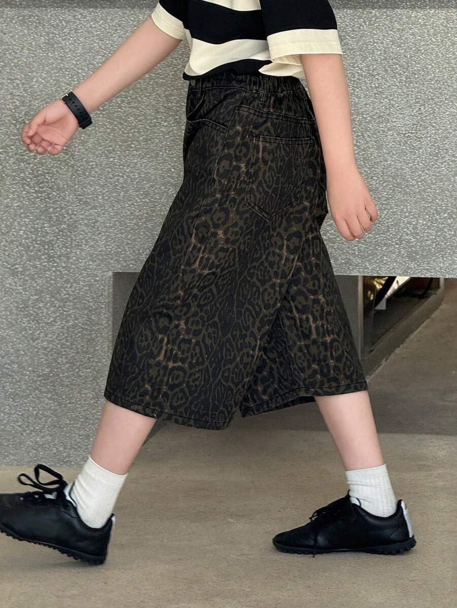 青少年男童豹纹口袋宽松休闲牛仔短裤 - 棕色 - 查看 1