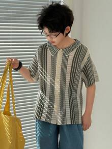 Dazy Kids 青少年男童条纹短袖单排扣休闲宽松T恤 - 綠色 - 查看 6