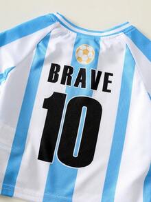 SHEIN 2件套男婴/男女通用夏季休闲可爱字母印花短袖T恤和松紧腰短裤套装，运动服 - 彩色 - 查看 4