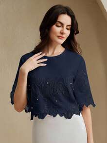 Anewsta 春夏新款休闲复古重工刺绣镂空薄纱圆领短袖水钻装饰女式上衣 - 藏蓝色 - 查看 5