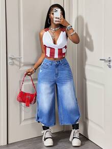 BamGleam Women's Loose Fit Pocketed Wide Leg Cropped Jeans - Medium Wash - View 5