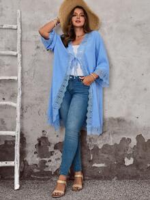 EMERY ROSE 大码女式休闲度假纯色蓝色蕾丝拼接七分袖和服外套，春夏款 - 藍色 - 查看 6