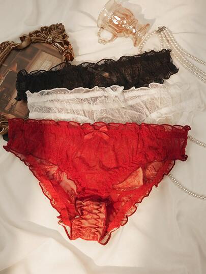 3pcs/Set Plus Size Women's Fashion Ruffle Trim Bow Decor Lace Panties