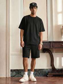 Manfinity Unisex Men's Black Casual Numeric Embroidery Short Sleeve T-Shirt And Shorts Set, Summer - Black - View 3